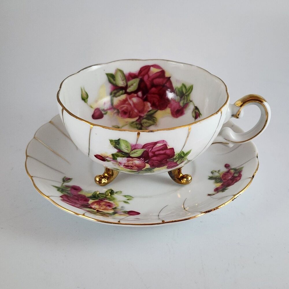 Vintage Japan Rose & Gold Cherry China 3 Footed Teacup & Saucer